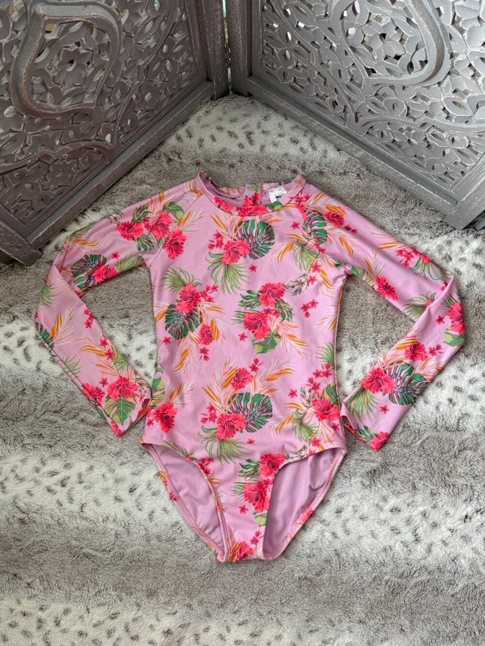 Art Class pink long sleeve swimsuit girls large tropical floral summer beach